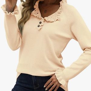 Women's Long Sleeve Tops Button Down Crewneck Ruffle Knit Pullover Sweaters